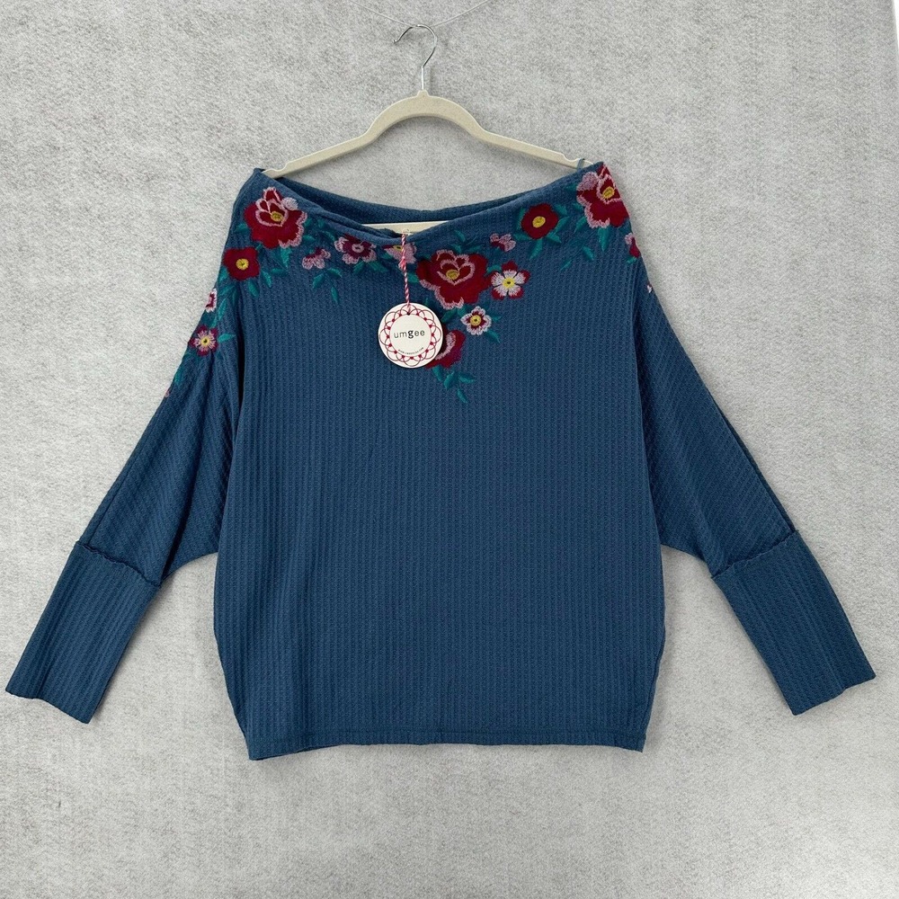 Blue Floral Embroidered Off-Shoulder Top